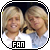 Two people with light brown hair in a pixelated circular frame, one wearing white and the other blue clothing, with 'FAN' text below.