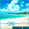 Beach scene with turquoise water, white waves, sandy shore, and blue sky with clouds; small building on distant island; 'SUMMER DAYS' text below.