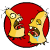 Red circular background with two yellow cartoonish figures having wide eyes and open mouths, one on each side of the circle.