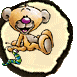 Animated cartoon bear in beige outfit with purple nose, holding green-and-blue segmented worm-like object across multiple poses.
