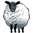 Pixelated sheep with dark blue face, black ears and legs, white woolly body, pink tongue visible, standing against plain background.