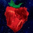 Pixelated red fruit with green leafy top against dark blue background, rendered in low-resolution digital style.
