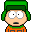 Pixelated cartoon character with green hair, orange shirt, and large white eyes on gray background.