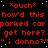 Red text on black background repeats 'ouch' and 'how'd this parked car get here? i dono?' with white pixel dots scattered across the image.