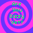Four identical pixelated spiral patterns with alternating pink and blue rings, each containing green text reading 'Are You Dizzy Yet?' in a blocky font.