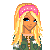 Pixel art contact sheet of a blonde character with rainbow belt, pink headband, and green jacket across multiple frames showing different poses and text elements.
