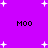 Purple background with white pixelated stars and four instances of the text 'MOO' in black pixelated font arranged in a pattern
