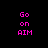 Pixelated text 'Go on AIM' in pink and white appears across four distinct with varying background colors