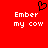 Red background with white pixelated text 'Ember my cow' repeated twice and a black heart symbol above the left instance.