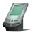 A silver and dark gray handheld device with a green screen displaying text, shown in multiple sequential views.