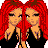 Pixelated cartoon image of a woman with red hair in multiple poses surrounded by hearts and text elements on white background.