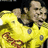 Static 48x48 pixel icon of a soccer player in yellow uniform with red accents, viewed from side angle against black background.