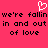 Pixelated pink background with white heart symbol and black text repeating 'we're fallin we're fallin in and out in and out of love' in three lines.
