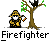 Animated contact sheet showing a firefighter character performing actions with a tree and cat across 13 frames, each labeled "Firefighter" below the icon.