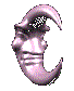 A metallic pink crescent moon with a human face rotates through multiple angles against a gray background.