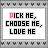 25 identical square icons with white backgrounds, each displaying the text "PICK ME, CHOOSE ME, LOVE ME" in pixelated font where letters change color