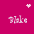 A static image with a solid magenta background featuring four instances of the text 'Blake' in white pixelated font, arranged in two . A small pink heart icon appears at the top center and a cluster of white dots is centered below the top