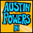 A 3x3 contact sheet of an animated AIM buddy icon featuring Austin Powers branding with text elements and character portraits on a yellow striped background.