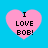 Four pink heart shapes on a bright blue background, each containing black text reading "I LOVE BOB!" in a pixelated font.