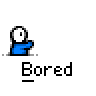 Animated contact sheet of a blue cartoon character with white head performing various bored poses and actions across 21 frames on gray background, each labeled "Bored" below.