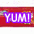 A four- of pixelated icons featuring text and symbols: 'YUM!' in purple, a blue vertical bar over candies, 'Hart' with rainbow drips, and 'Rainbows' under clouds
