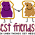 Two pixelated cartoon figures in golden frames holding hands, one purple, one brown, with stylized text below.