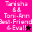 Pixelated text and symbols on a split background with pink, purple, and black sections, featuring names and a star icon.