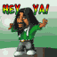 Pixelated character in green hoodie and gray pants with 'HEY YAI' text above, showing four sequential poses against light green background.