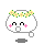 Pixelated white cloud-shaped character with yellow flower crown, pink blush marks, and closed eyes; four variations show different mouth shapes and small floating elements.