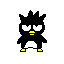 Pixelated black bird-like character with yellow beak and feet, standing in various poses including jumping rope and holding a white circular object.