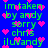 Blue background with green text and pink heart shapes scattered throughout, displaying repeated phrases in a pixelated style.