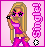 Pixelated icon of a blonde woman in pink and purple outfit holding sunglasses, with vertical text on right side.