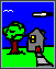 Pixelated scene with blue sky, green grass, gray house, and tree; white cloud-like shape moves across the top.