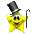 Yellow star-shaped character with black top hat and cane, smiling face on gray background.