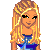 Pixel art of a blonde woman in a blue star-print top and purple polka-dot skirt holding a brown handbag, with a separate 'Flirt' text box.
