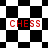 A static image displays four instances of the word "CHESS" in red pixelated text over a black-and-white checkered background with diamond-shaped