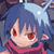 Pixelated anime-style character icon with blue hair, red eyes, and pink scarf against dark background.
