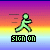 Pixelated green figure in running pose with motion blur lines, standing above 'sign on' text on gradient background.