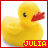 Yellow rubber duck with red beak and black eyes, positioned against white background with "JULIA" text below; slight variation in body shape between frames.