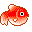 Pixelated red-orange fish with white underbelly and black eyes, arranged in a on gray background, some emitting blue bubbles