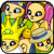 Pixelated static image of four cartoonish skull characters with varied hair colors and outfits arranged in a 2x2 grid, each holding or wearing green items against a gray background.