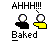 Pixelated icon set with multiple states showing two figures, text 'Baked', and symbols like exclamation marks and question marks above them.