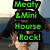 Pixelated image with four stacked green text blocks reading Meaty, B-Mini, Hourse, Rock! over a blurred background of a person in dark clothing.