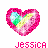 Two heart-shaped icons with pink borders and internal color gradients, each displaying the name "Jessica" below in pixelated text.