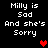 Black background with white pixelated text reading "Milly is Sad And she's Sorry" and red heart symbols in different positions across frames.