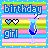Pixel art birthday icon with 'birthday' and 'girl' text, heart glasses, a blue drink glass, and striped background.