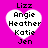 Four identical heart-shaped icons with white fill and black text on a bright pink background, each displaying names Lizz, Angie, Heather, Katie, Jen in pixelated font.