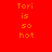 Four display the text 'Tori is so hot' in orange pixelated font against red, dark red, black, and deep red backgrounds