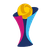 Pixelated trophy with golden circular top, blue and pink base sections on gray background.