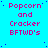 A static image with a bright cyan background displaying repeated pink text "Popcorn and Cracker BFTWD's" in pixelated font, scattered blue dots, and one gray rectangular block.